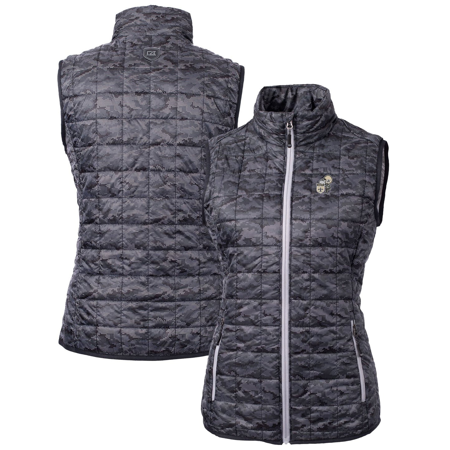 Women's Cutter & Buck Black New Orleans Saints Throwback Logo Rainier PrimaLoft Eco Printed Full-Zip Puffer Vest