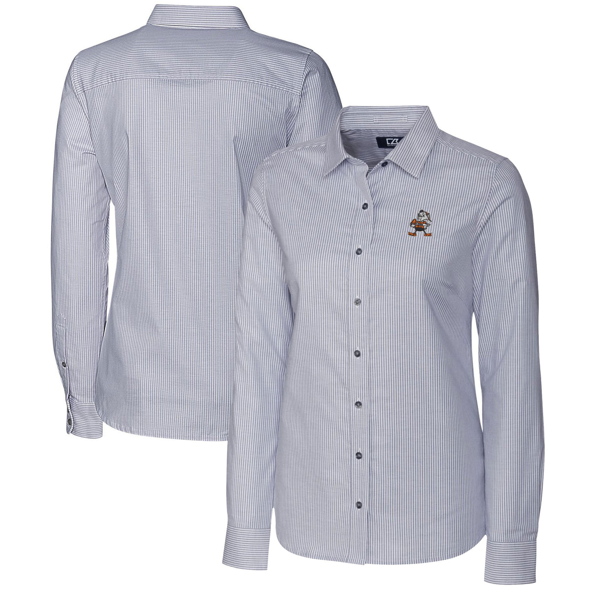 Women's Cutter & Buck Charcoal Cleveland Browns Throwback Logo Stretch Oxford Stripe Long Sleeve Button-Up Shirt