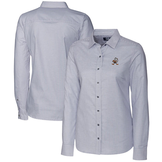 Women's Cutter & Buck Charcoal Cleveland Browns Throwback Logo Stretch Oxford Stripe Long Sleeve Button-Up Shirt