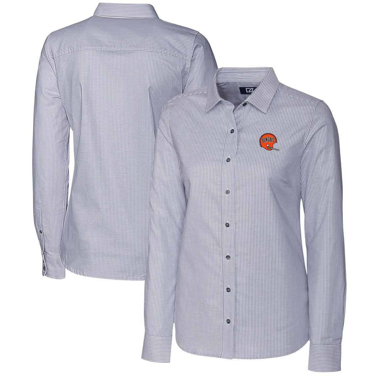 Women's Cutter & Buck Charcoal Cincinnati Bengals Throwback Logo Stretch Oxford Stripe Long Sleeve Button-Up Shirt