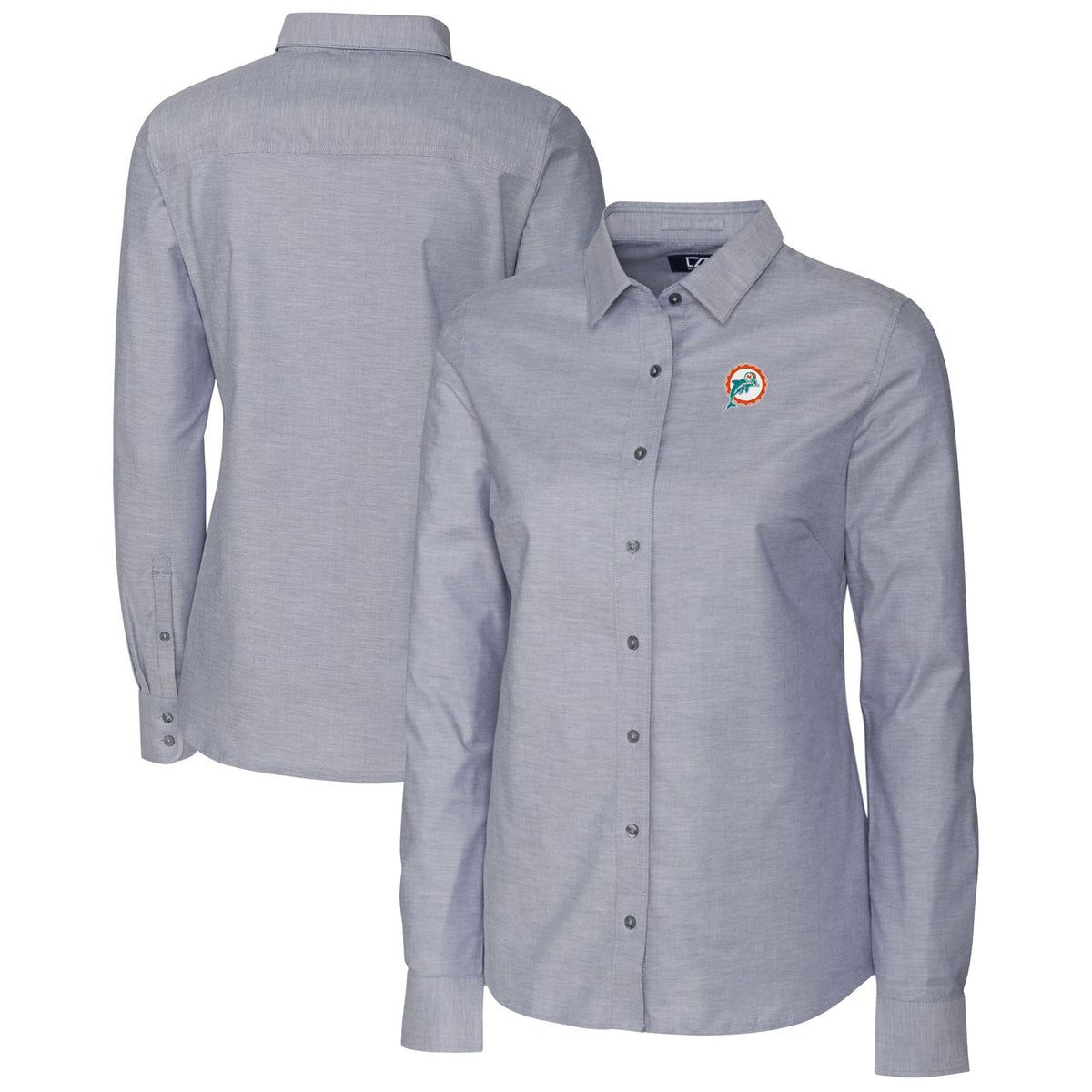 Women's Cutter & Buck Charcoal Miami Dolphins Throwback Logo Oxford Stretch Long Sleeve Button-Up Shirt