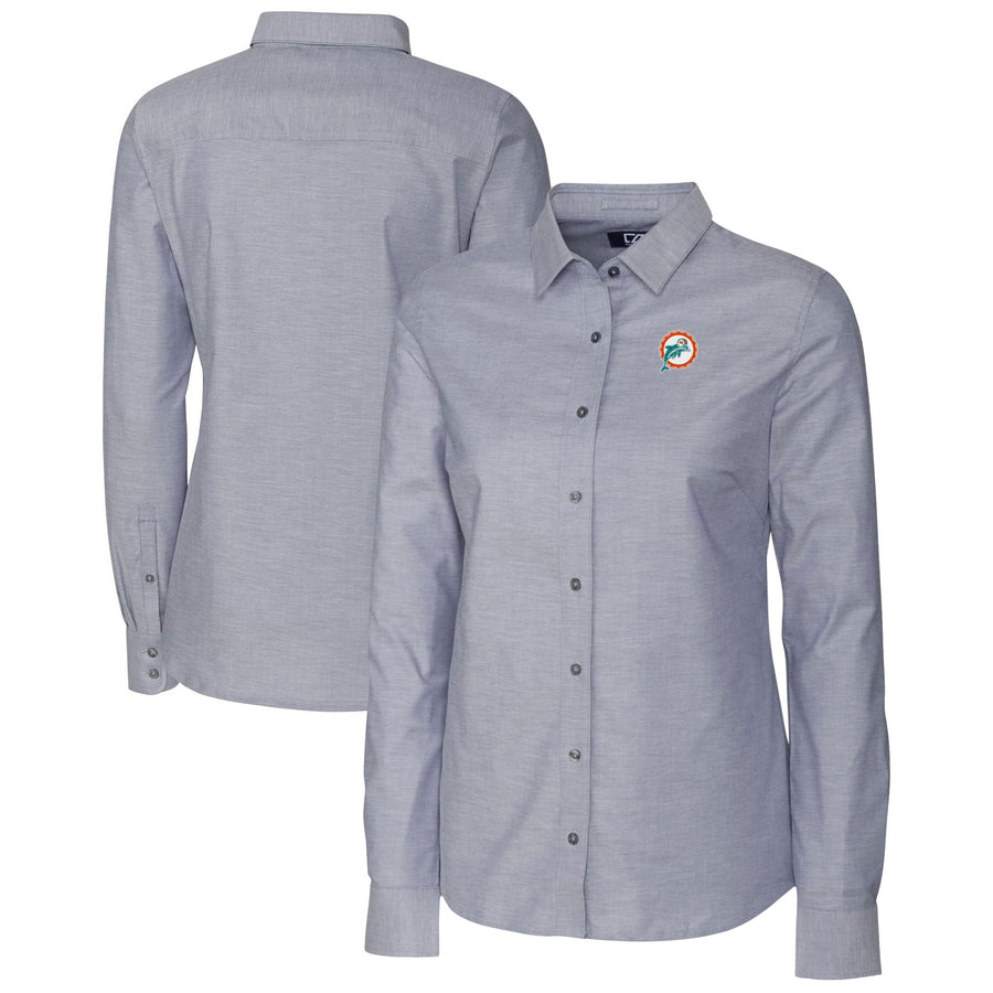Women's Cutter & Buck Charcoal Miami Dolphins Throwback Logo Oxford Stretch Long Sleeve Button-Up Shirt