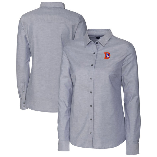 Women's Cutter & Buck Charcoal Denver Broncos Throwback Logo Oxford Stretch Long Sleeve Button-Up Shirt