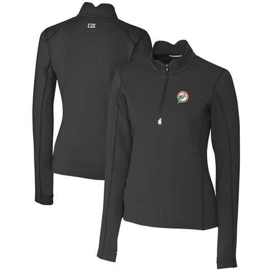 Women's Cutter & Buck Black Miami Dolphins Throwback Logo Traverse Stretch Quarter-Zip Pullover Top