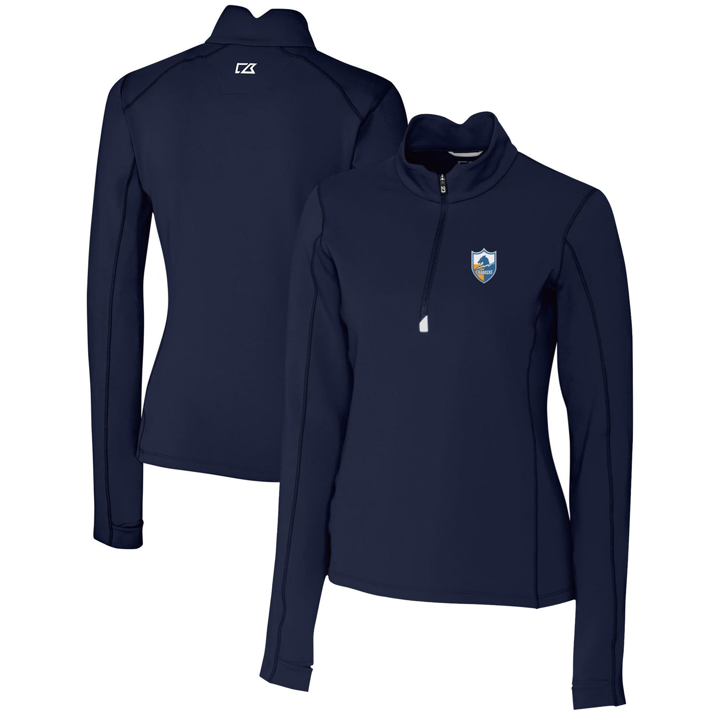 Women's Cutter & Buck Navy Los Angeles Chargers Throwback Logo Traverse Stretch Quarter-Zip Pullover Top