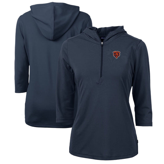 Women's Cutter & Buck Navy Chicago Bears Throwback Logo Virtue Eco Pique 3/4 Sleeve Half-Zip Pullover Hoodie