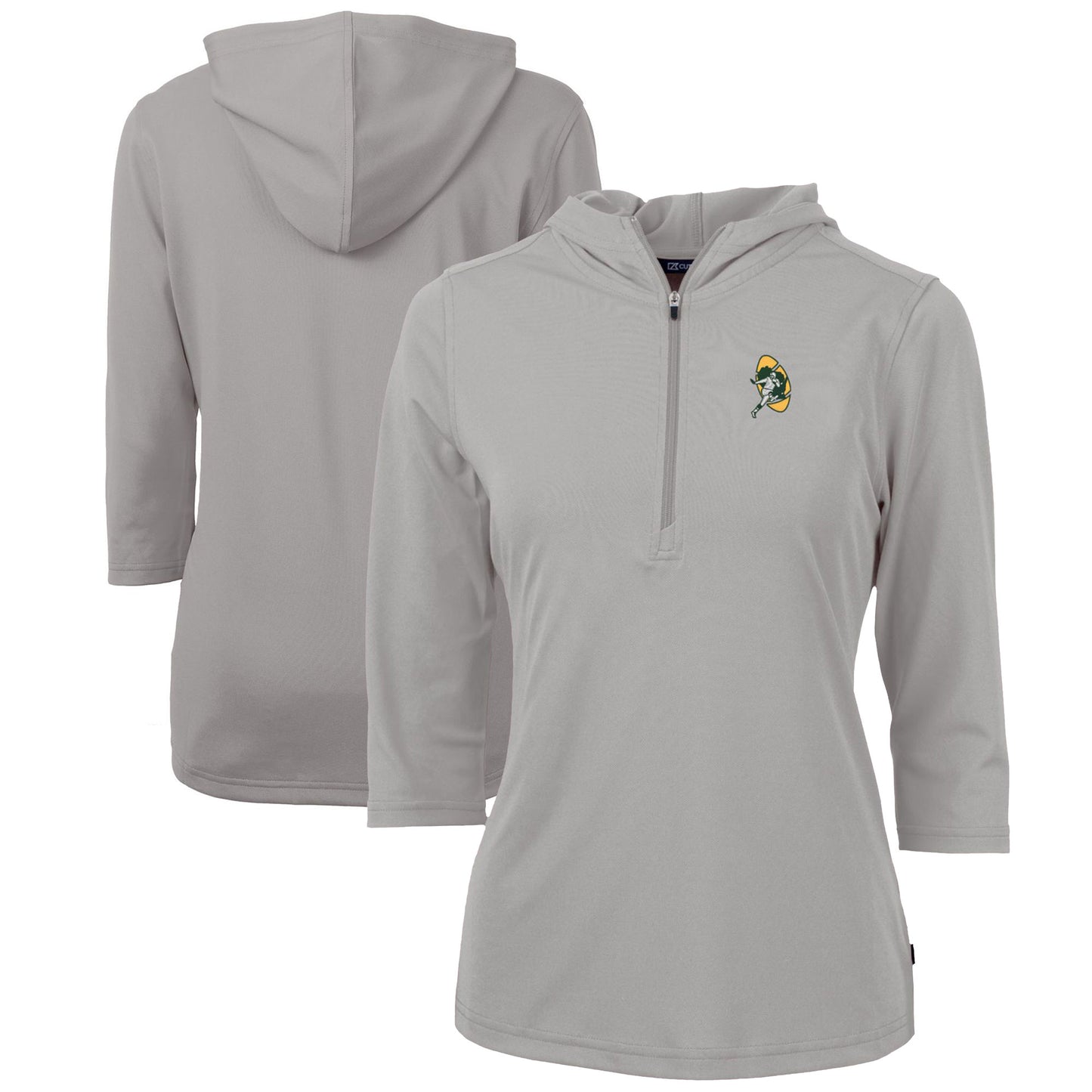 Women's Cutter & Buck Gray Green Bay Packers Throwback Logo Virtue Eco Pique 3/4 Sleeve Half-Zip Pullover Hoodie