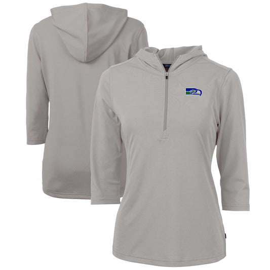 Women's Cutter & Buck Gray Seattle Seahawks Throwback Logo Virtue Eco Pique 3/4 Sleeve Half-Zip Pullover Hoodie