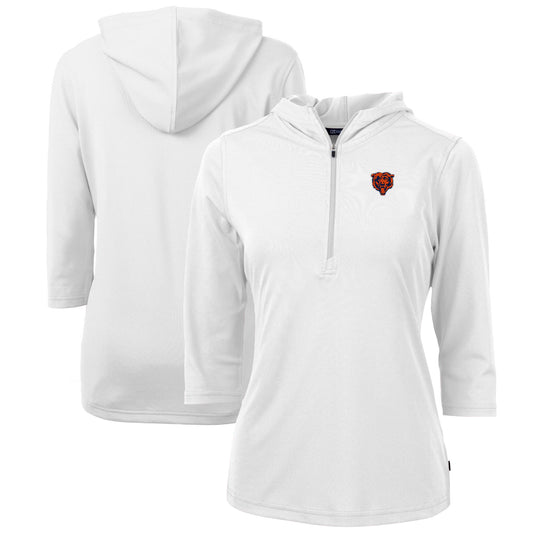 Women's Cutter & Buck White Chicago Bears Throwback Logo Virtue Eco Pique 3/4 Sleeve Half-Zip Pullover Hoodie