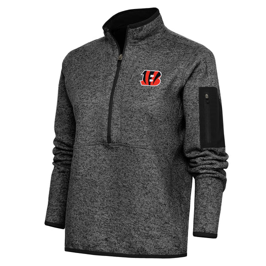 Women's Antigua Heather Black Cincinnati Bengals Team Logo Fortune Half-Zip Pullover Jacket