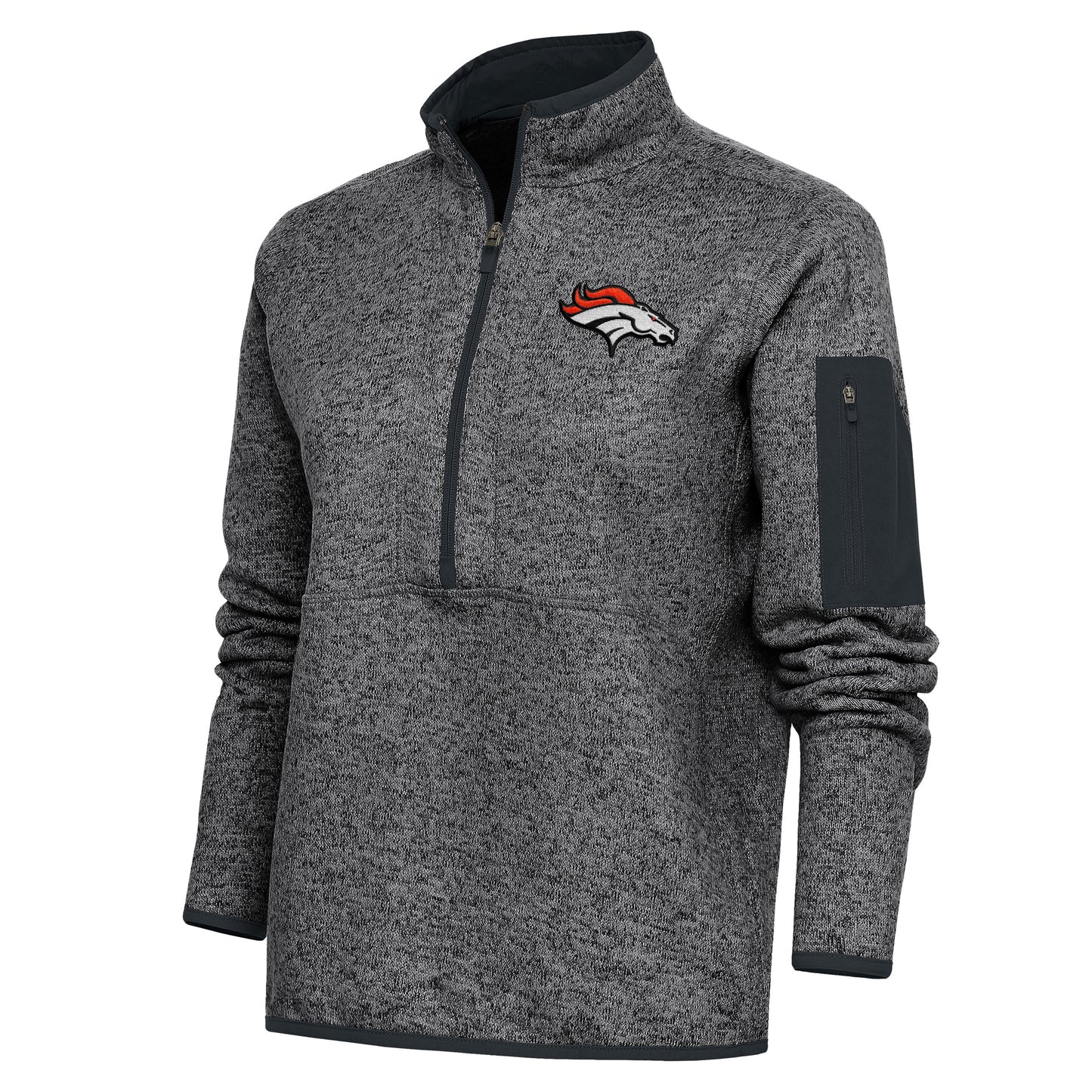 Women's Antigua Heather Charcoal Denver Broncos Team Logo Fortune Half-Zip Pullover Jacket