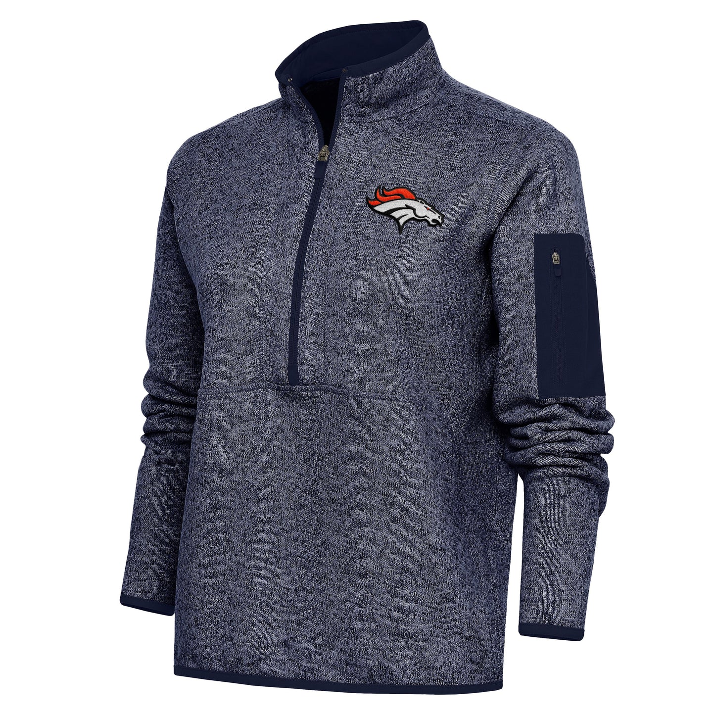 Women's Antigua Heather Navy Denver Broncos Team Logo Fortune Half-Zip Pullover Jacket