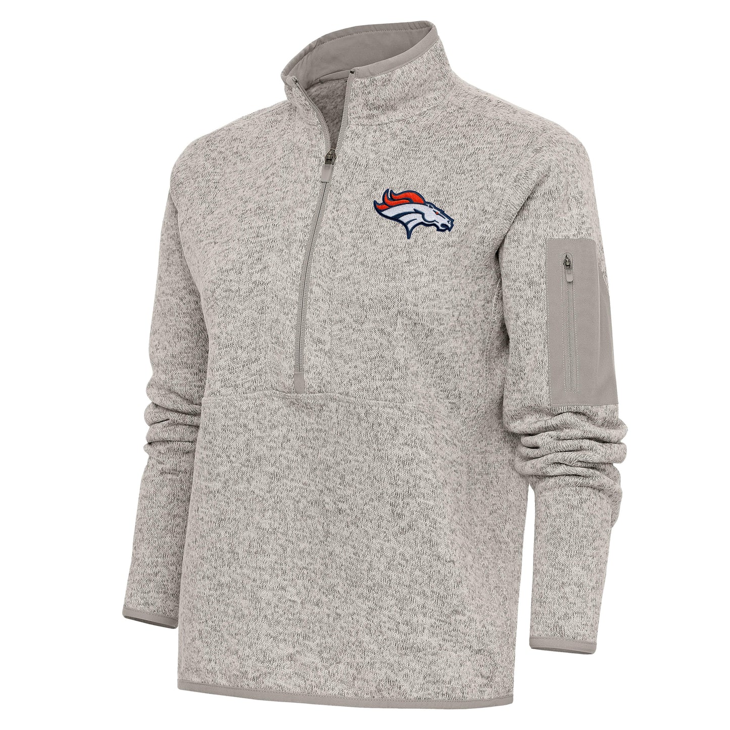 Women's Antigua Oatmeal Denver Broncos Team Logo Fortune Half-Zip Pullover Jacket