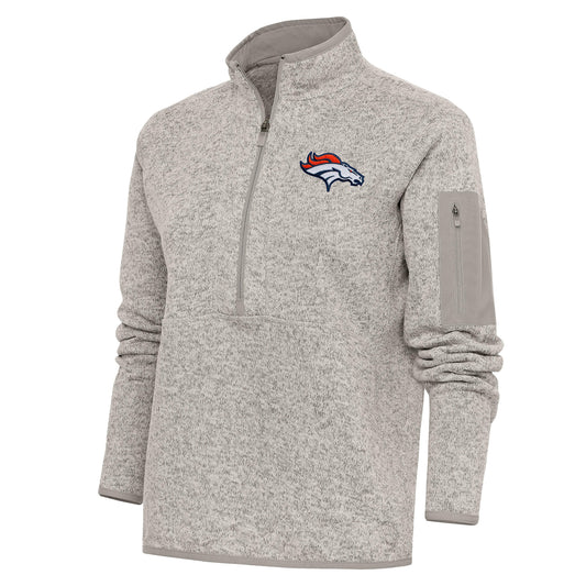 Women's Antigua Oatmeal Denver Broncos Team Logo Fortune Half-Zip Pullover Jacket