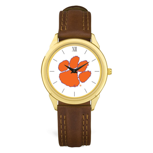 Unisex Gold/Brown Clemson Tigers Team Logo Leather Wristwatch