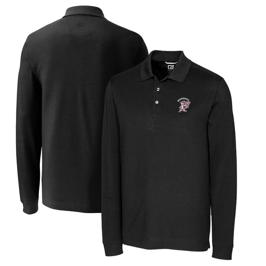 Men's Cutter & Buck Black Mississippi State Bulldogs Vault Advantage Tri-Blend Pique Big & Tall Long Sleeve Polo