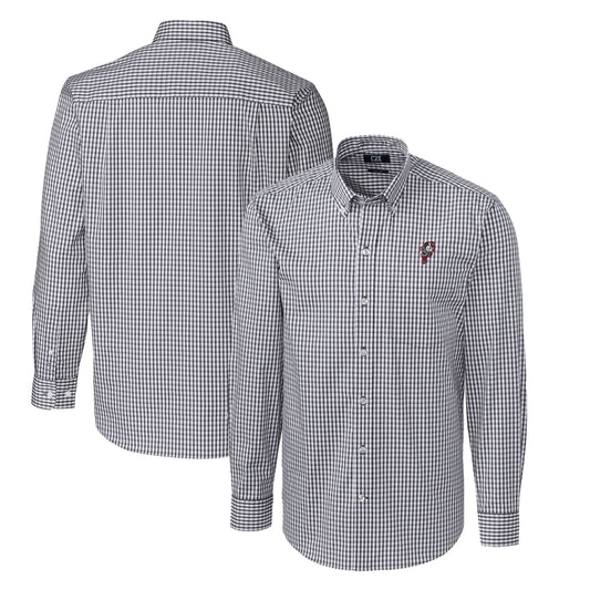 Men's Cutter & Buck Charcoal Ohio State Buckeyes Easy Care Stretch Gingham Big & Tall Long Sleeve Button-Down Shirt