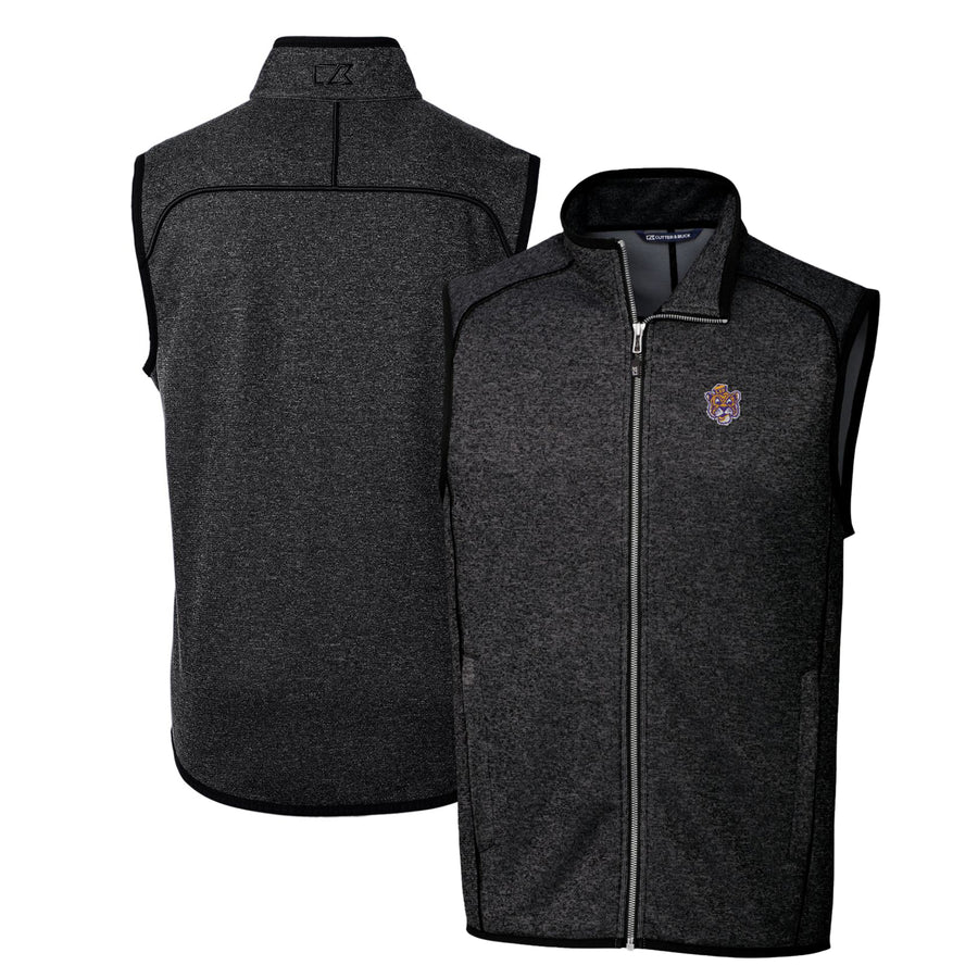 Men's Cutter & Buck Heather Charcoal LSU Tigers Mainsail Sweater-Knit Big & Tall Full-Zip Vest