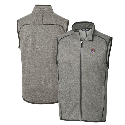 Men's Cutter & Buck Heather Gray LSU Tigers Mainsail Sweater-Knit Big & Tall Full-Zip Vest