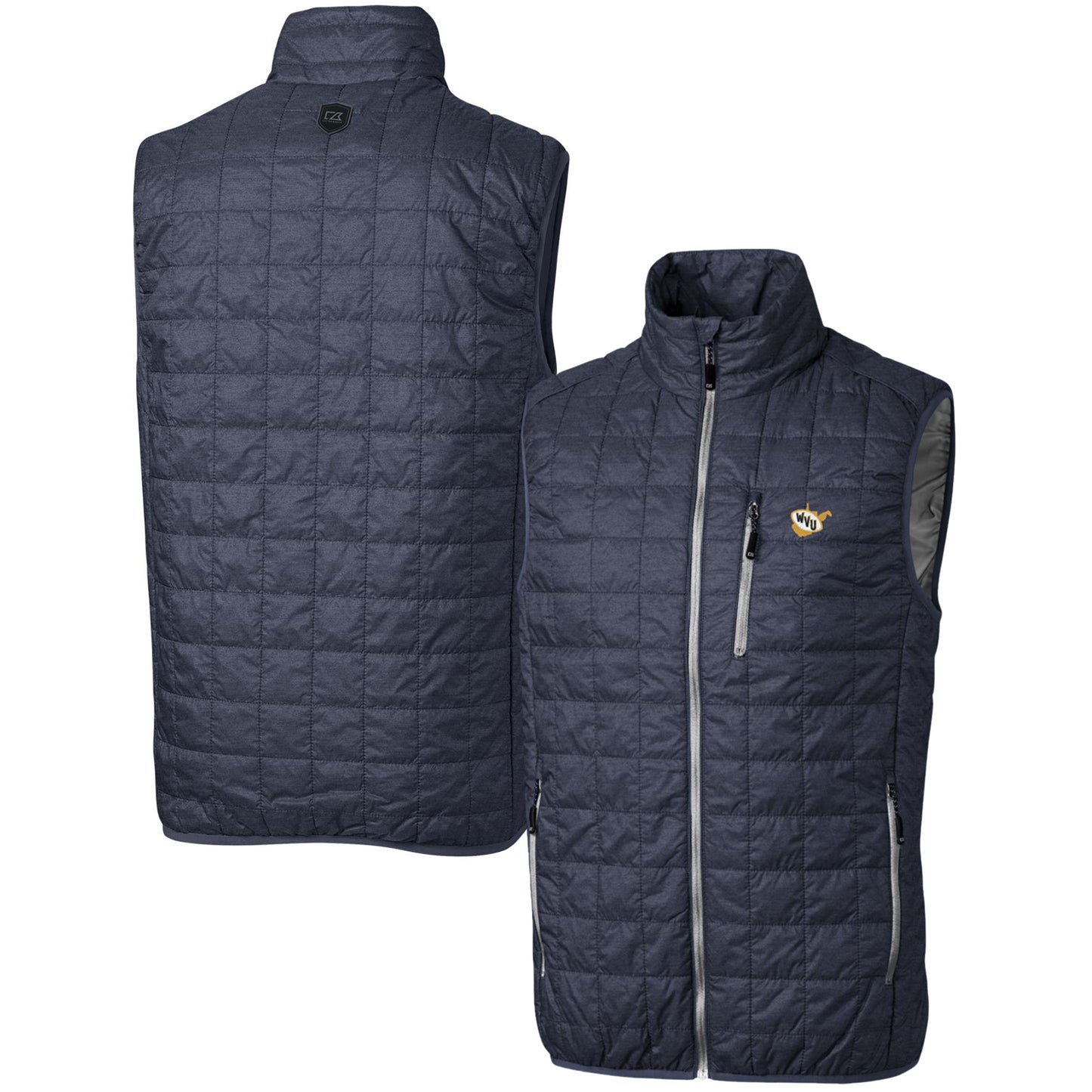 Men's Cutter & Buck Heather Navy West Virginia Mountaineers Team Logo Big & Tall Rainier PrimaLoft Eco Insulated Full-Zip Puffer Vest