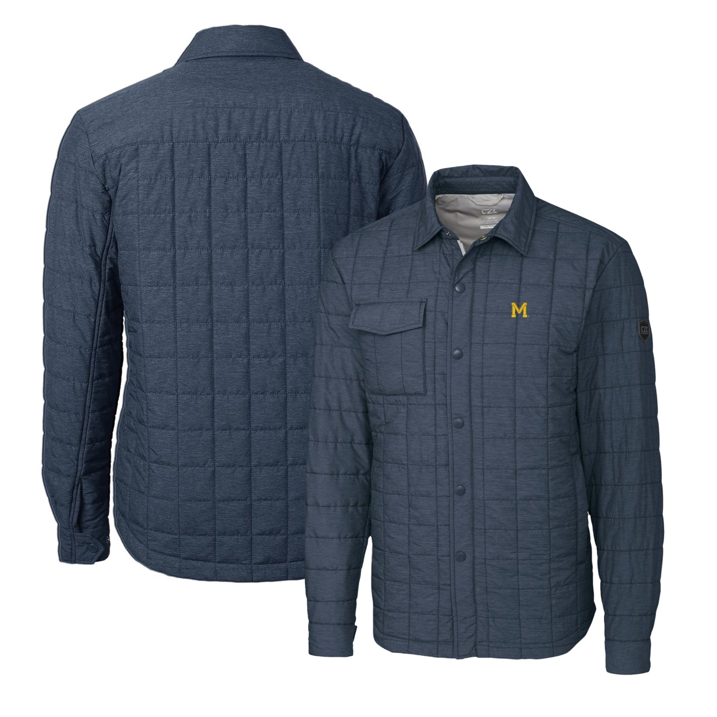 Men's Cutter & Buck Heather Navy Michigan Wolverines Team Logo Big & Tall Rainier PrimaLoft Eco Insulated Quilted Button-Up Shacket