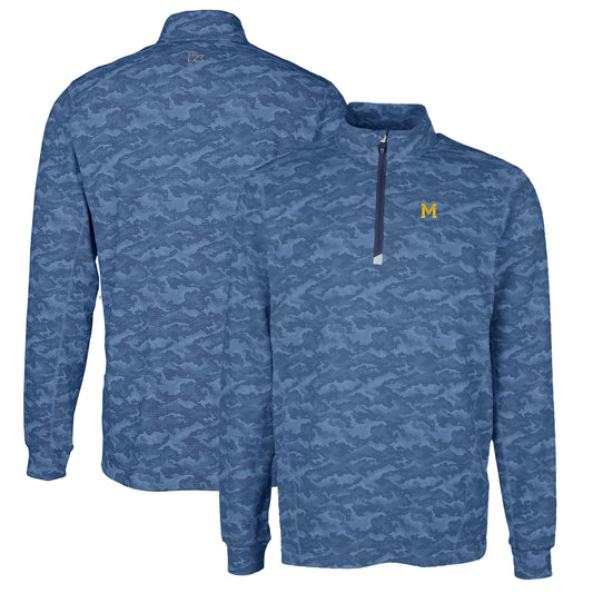 Men's Cutter & Buck Navy Michigan Wolverines Vault Big & Tall Traverse Camo Print Stretch Quarter-Zip Pullover Top