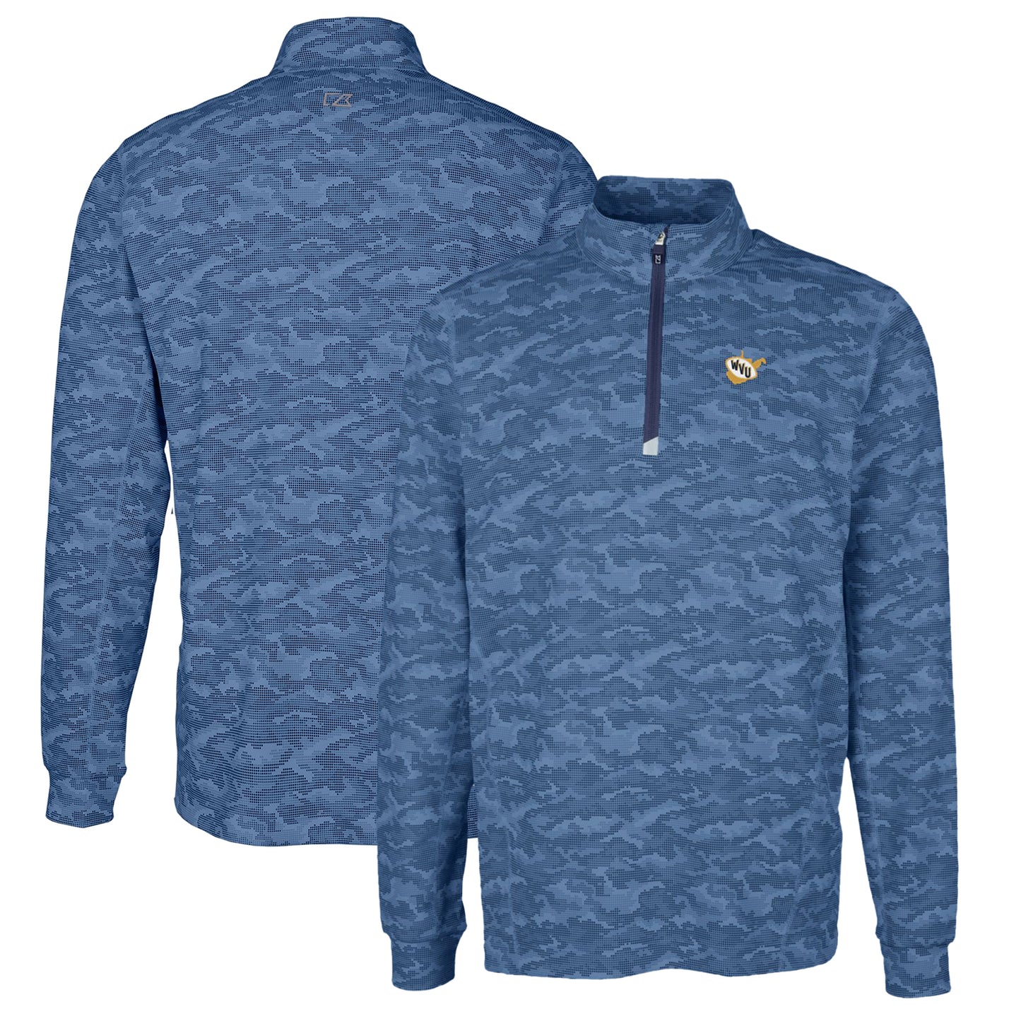 Men's Cutter & Buck Navy West Virginia Mountaineers Vault Big & Tall Traverse Camo Print Stretch Quarter-Zip Pullover Top