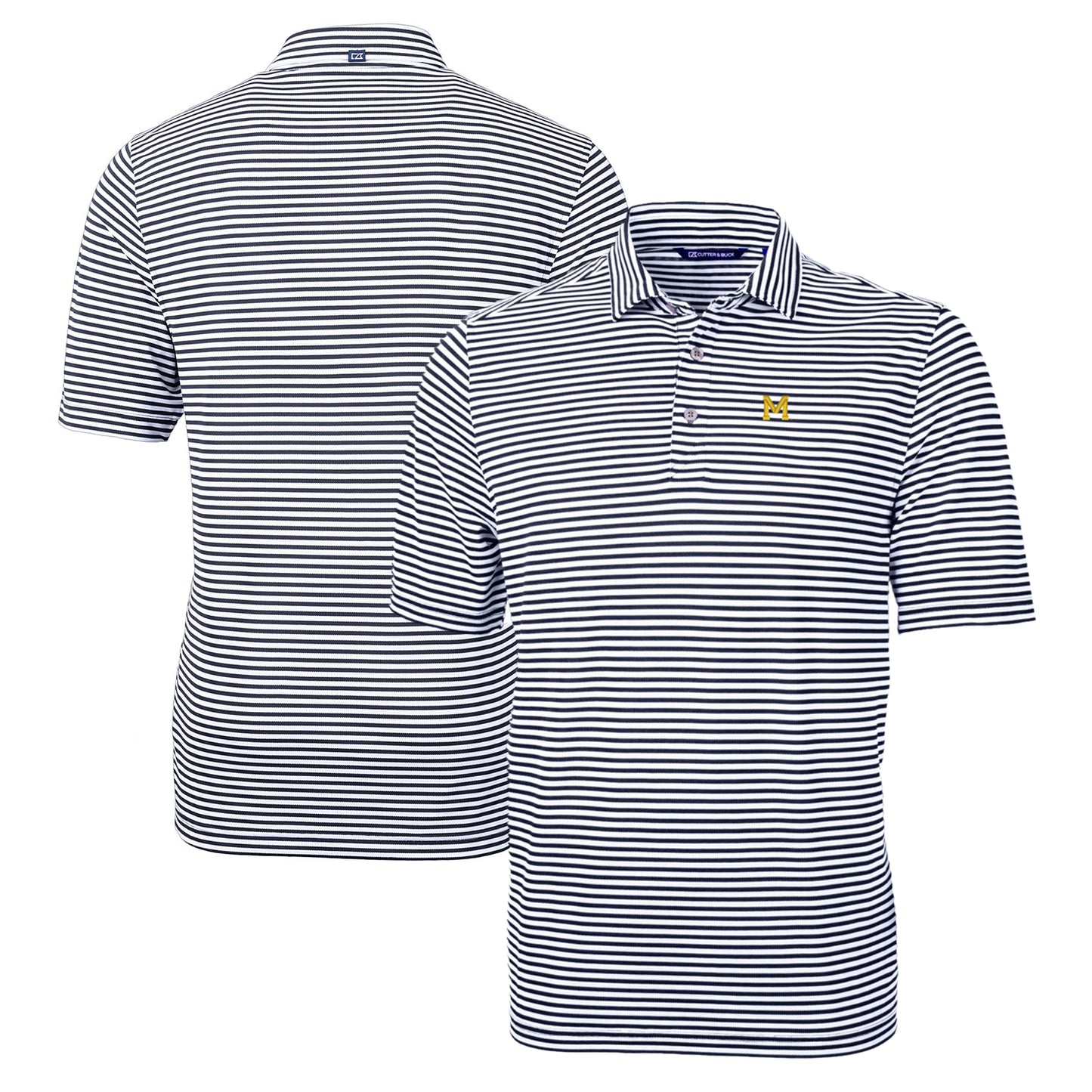 Men's Cutter & Buck Navy Michigan Wolverines Big & Tall Team Logo Virtue Eco Pique Stripe Recycled Polo