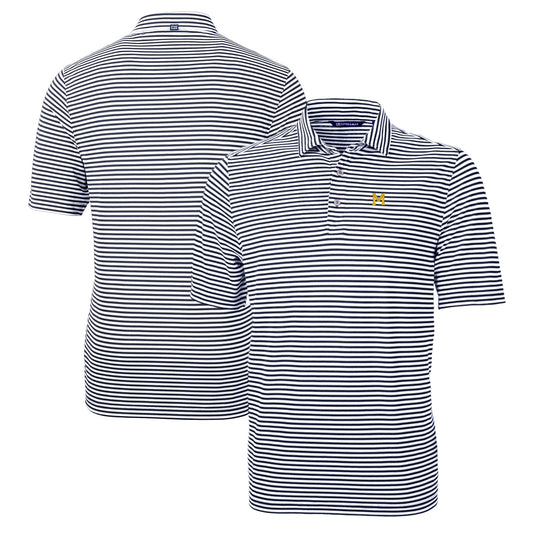 Men's Cutter & Buck Navy Michigan Wolverines Big & Tall Team Logo Virtue Eco Pique Stripe Recycled Polo