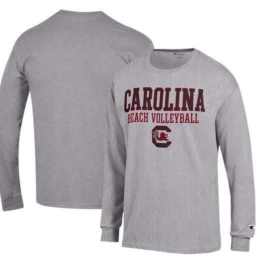 Men's Champion Gray South Carolina Gamecocks Stack Logo Beach Volleyball Powerblend Long Sleeve T-Shirt