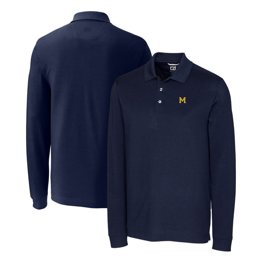 Men's Cutter & Buck Navy Michigan Wolverines Advantage Tri-Blend Pique Long Sleeve Polo