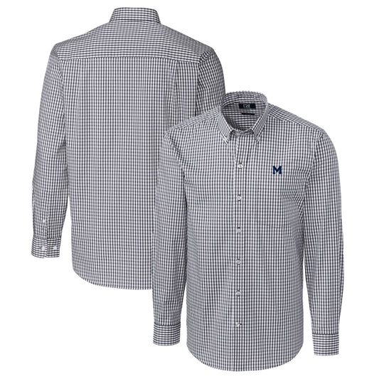Men's Cutter & Buck Charcoal Michigan Wolverines Easy Care Stretch Gingham Long Sleeve Button-Down Shirt