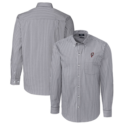 Men's Cutter & Buck Charcoal Ohio State Buckeyes Easy Care Stretch Gingham Long Sleeve Button-Down Shirt