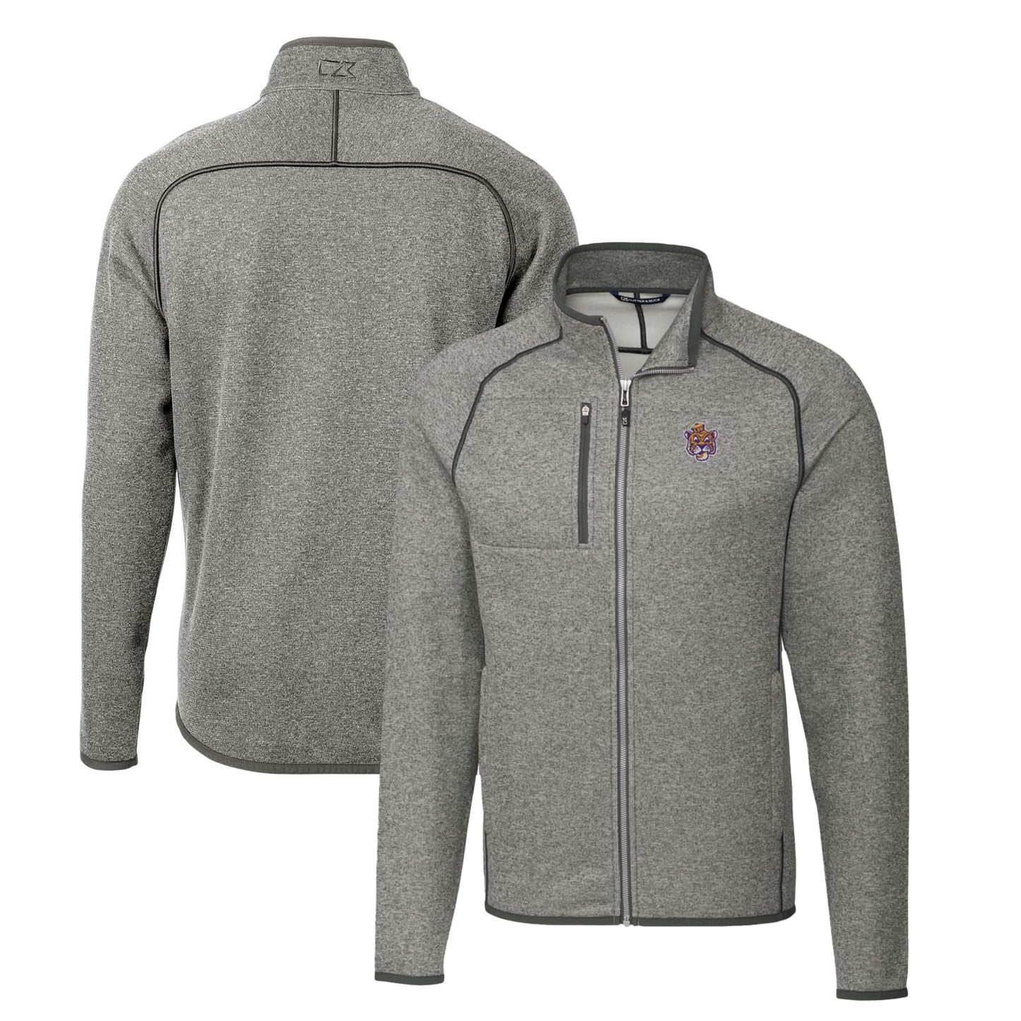 Men's Cutter & Buck Heather Gray LSU Tigers Mainsail Sweater-Knit Full-Zip Jacket