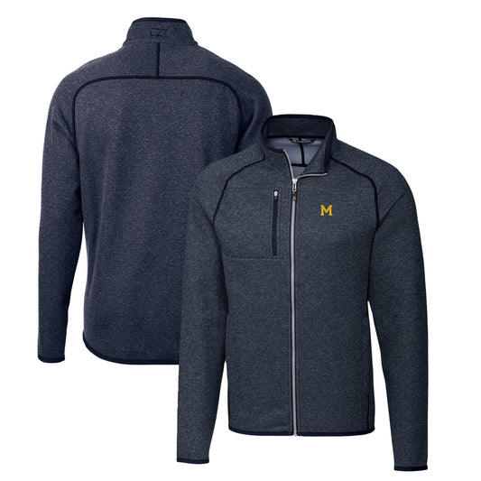 Men's Cutter & Buck Heather Navy Michigan Wolverines Mainsail Sweater-Knit Full-Zip Jacket