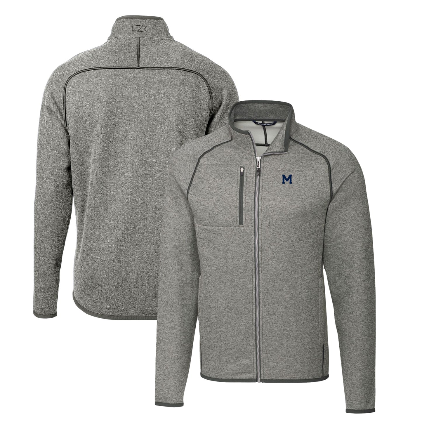 Men's Cutter & Buck Heather Gray Michigan Wolverines Mainsail Sweater-Knit Full-Zip Jacket
