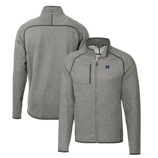 Men's Cutter & Buck Heather Gray Michigan Wolverines Mainsail Sweater-Knit Full-Zip Jacket