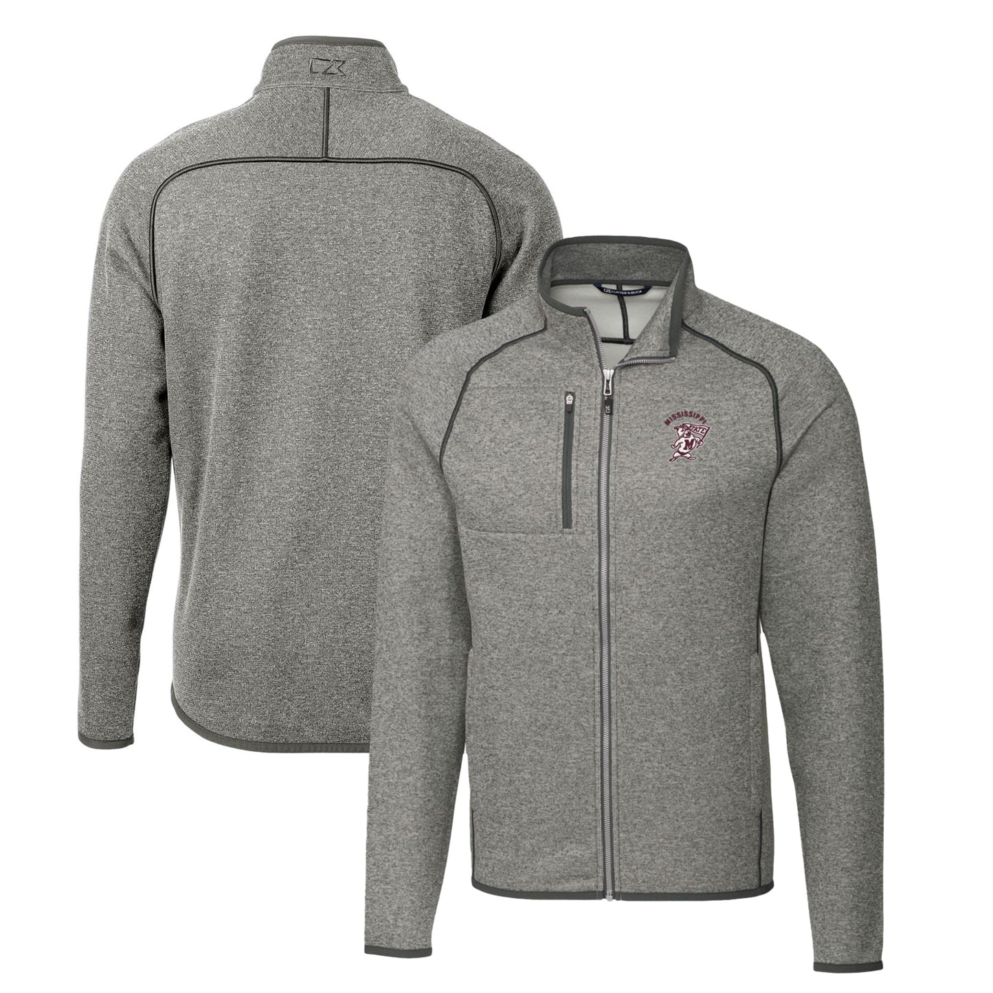 Men's Cutter & Buck Heather Gray Mississippi State Bulldogs Mainsail Sweater-Knit Full-Zip Jacket