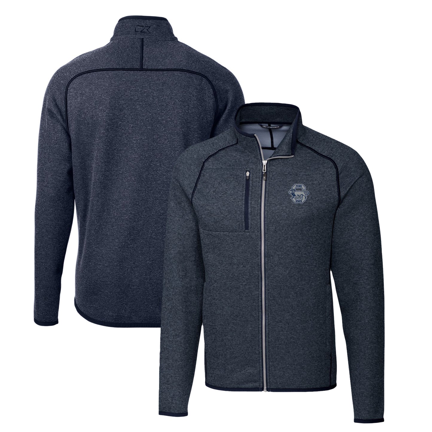 Men's Cutter & Buck Heather Navy Penn State Nittany Lions Mainsail Sweater-Knit Full-Zip Jacket