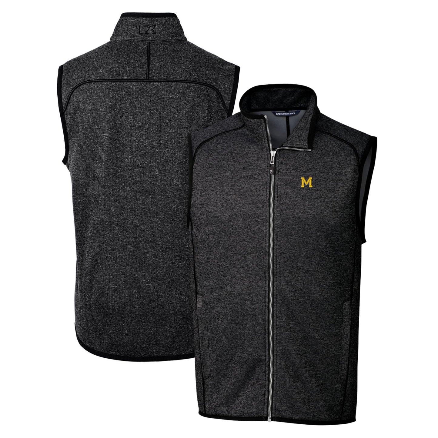 Men's Cutter & Buck Heather Charcoal Michigan Wolverines Mainsail Sweater-Knit Full-Zip Vest