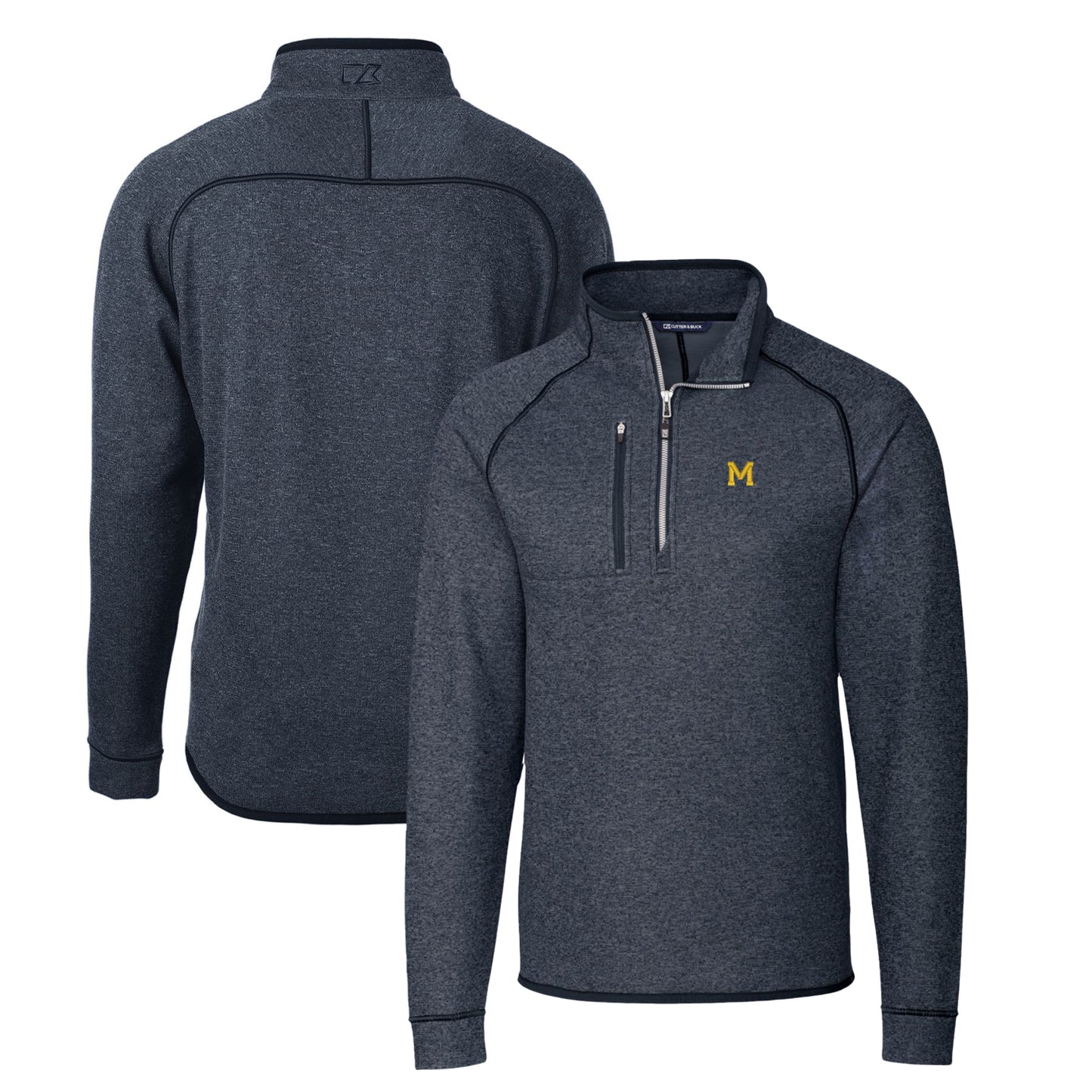 Men's Cutter & Buck Heather Navy Michigan Wolverines Mainsail Sweater-Knit Half-Zip Pullover Jacket