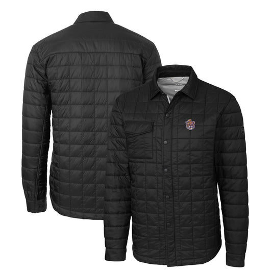 Men's Cutter & Buck Black LSU Tigers Rainier PrimaLoft Eco Insulated Quilted Button-Up Shacket