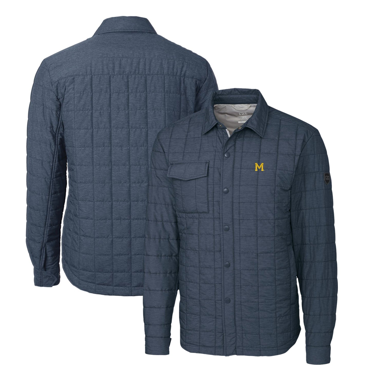 Men's Cutter & Buck Heather Navy Michigan Wolverines Rainier PrimaLoft Eco Insulated Quilted Button-Up Shacket