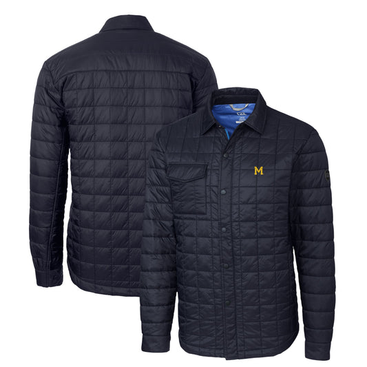 Men's Cutter & Buck Navy Michigan Wolverines Rainier PrimaLoft Eco Insulated Quilted Button-Up Shacket