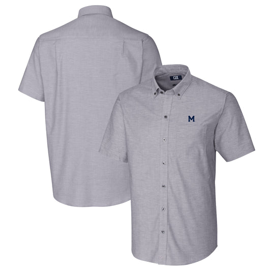 Men's Cutter & Buck Charcoal Michigan Wolverines Vault Stretch Oxford Short Sleeve Button-Down Shirt