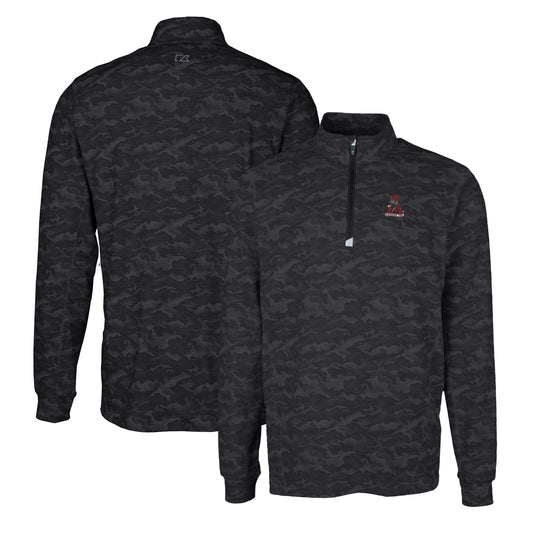 Men's Cutter & Buck Black Alabama Crimson Tide Vault Traverse Camo Print Stretch Quarter-Zip Pullover Top
