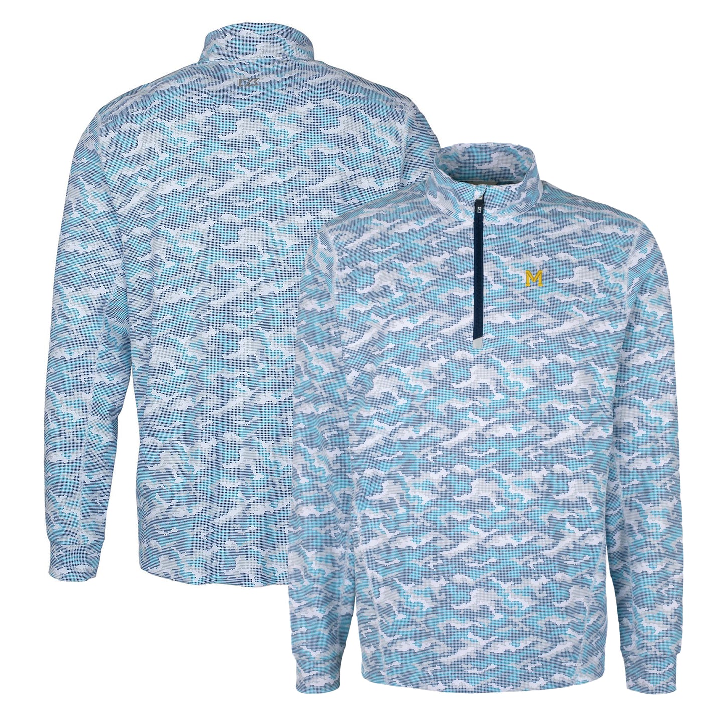 Men's Cutter & Buck Blue Michigan Wolverines Vault Traverse Camo Print Stretch Quarter-Zip Pullover Top