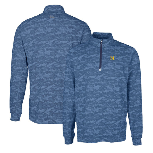 Men's Cutter & Buck Navy Michigan Wolverines Vault Traverse Camo Print Stretch Quarter-Zip Pullover Top