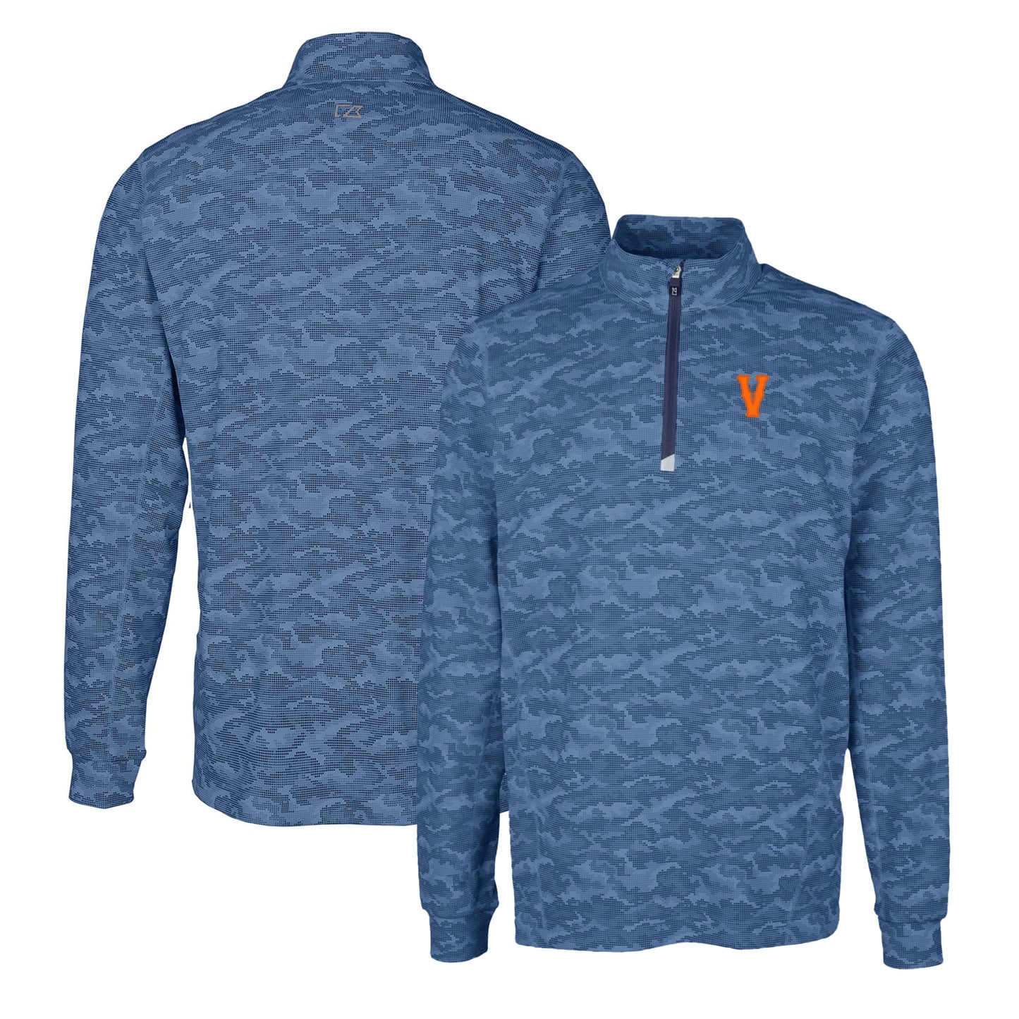 Men's Cutter & Buck Navy Virginia Cavaliers Vintage Vault Traverse Camo Print Stretch Quarter-Zip Pullover Top