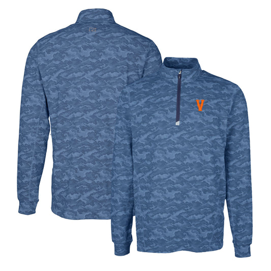 Men's Cutter & Buck Navy Virginia Cavaliers Vintage Vault Traverse Camo Print Stretch Quarter-Zip Pullover Top